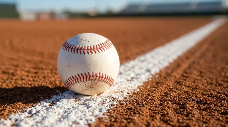 Close-up of a single baseball on a sunlit infield with the chalk foul line cutting across the dirt