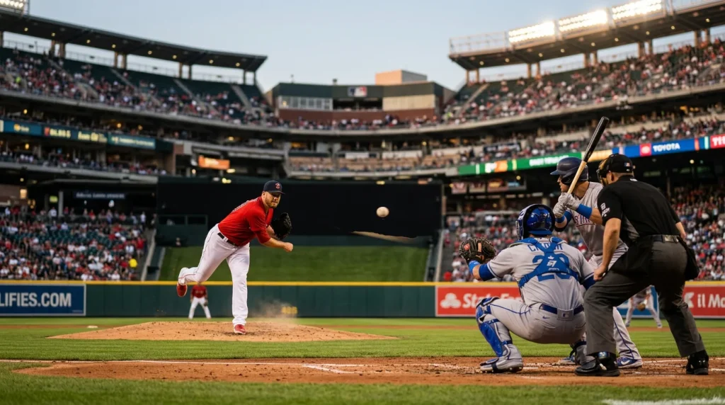 MLB pitcher in the stretch position releasing a fastball with the catcher framed behind home plate