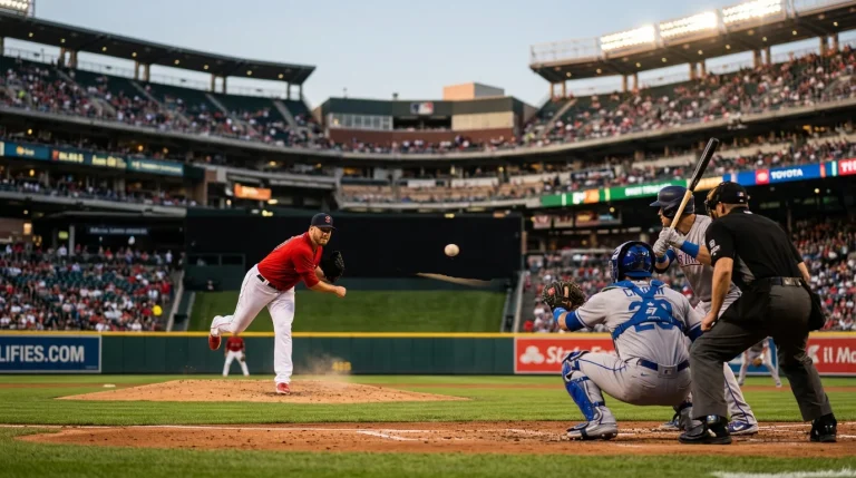 MLB pitcher in the stretch position releasing a fastball with the catcher framed behind home plate