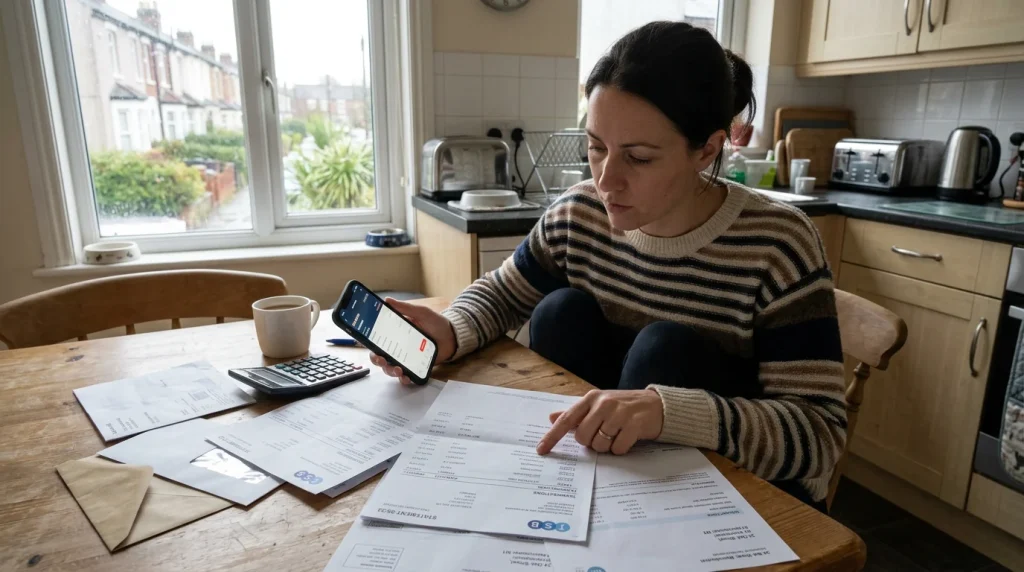 Person at a kitchen table reviewing a bank statement printout while holding a smartphone