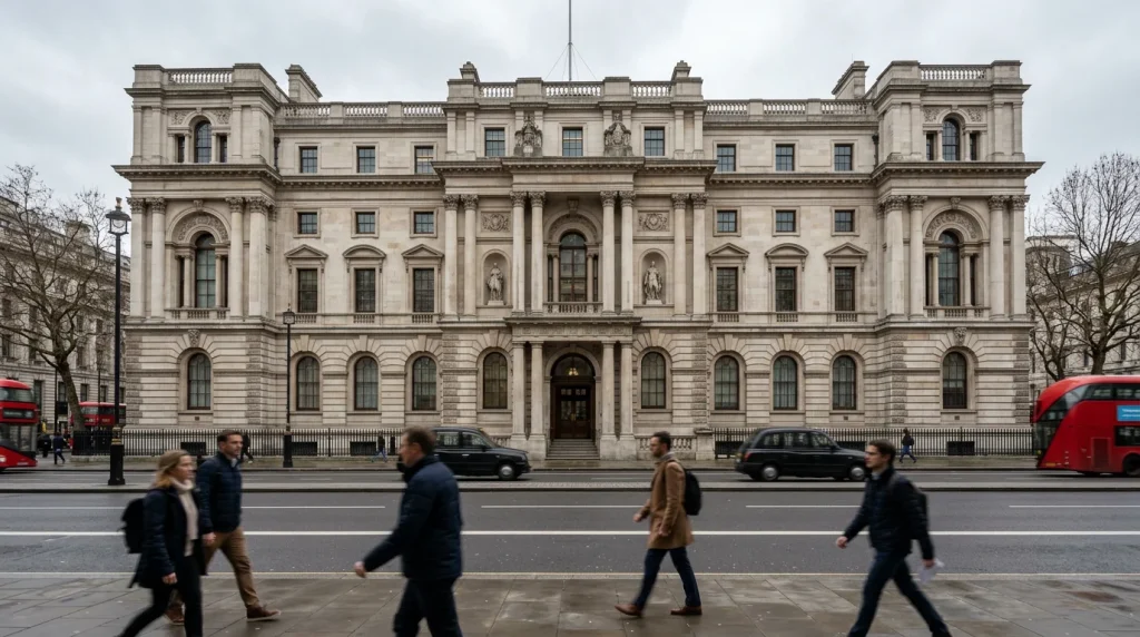 Exterior view of a Westminster government office building under an overcast London sky