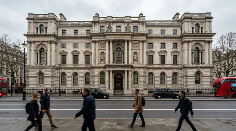 Exterior view of a Westminster government office building under an overcast London sky