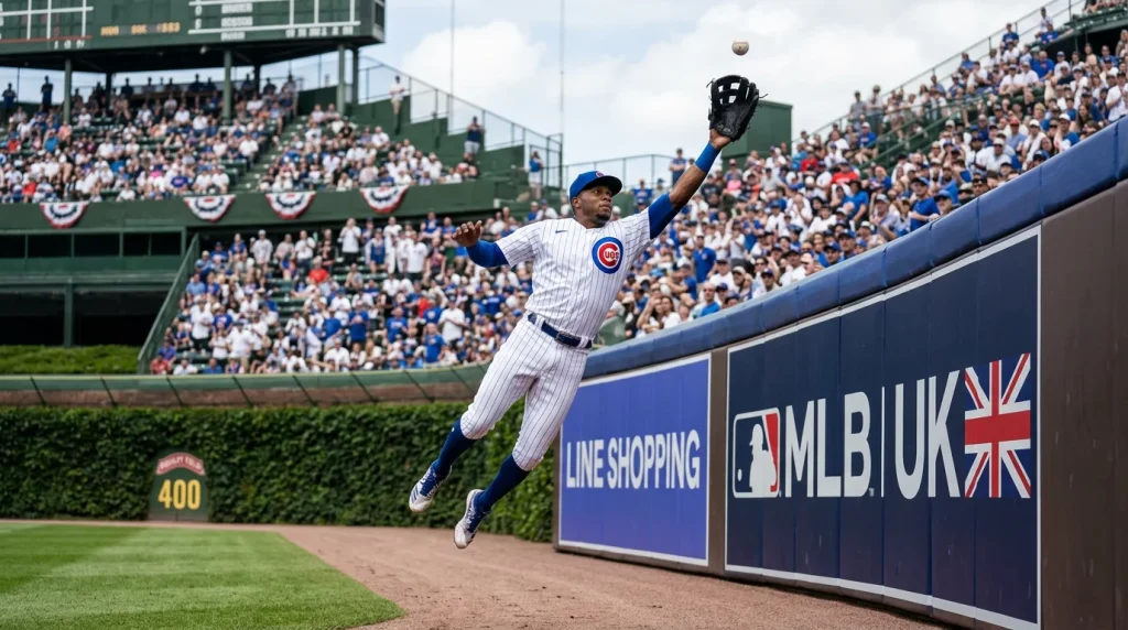 MLB outfielder making a leaping catch at the warning track with the wall padding behind him
