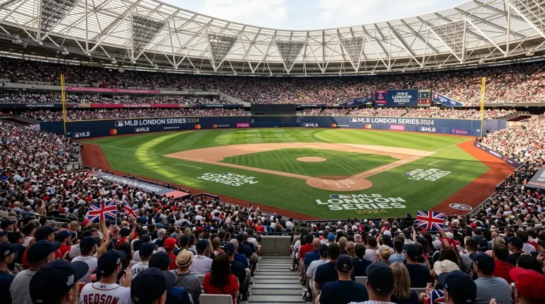 London Stadium converted into an MLB ballpark with a packed crowd of British baseball fans during the London Series