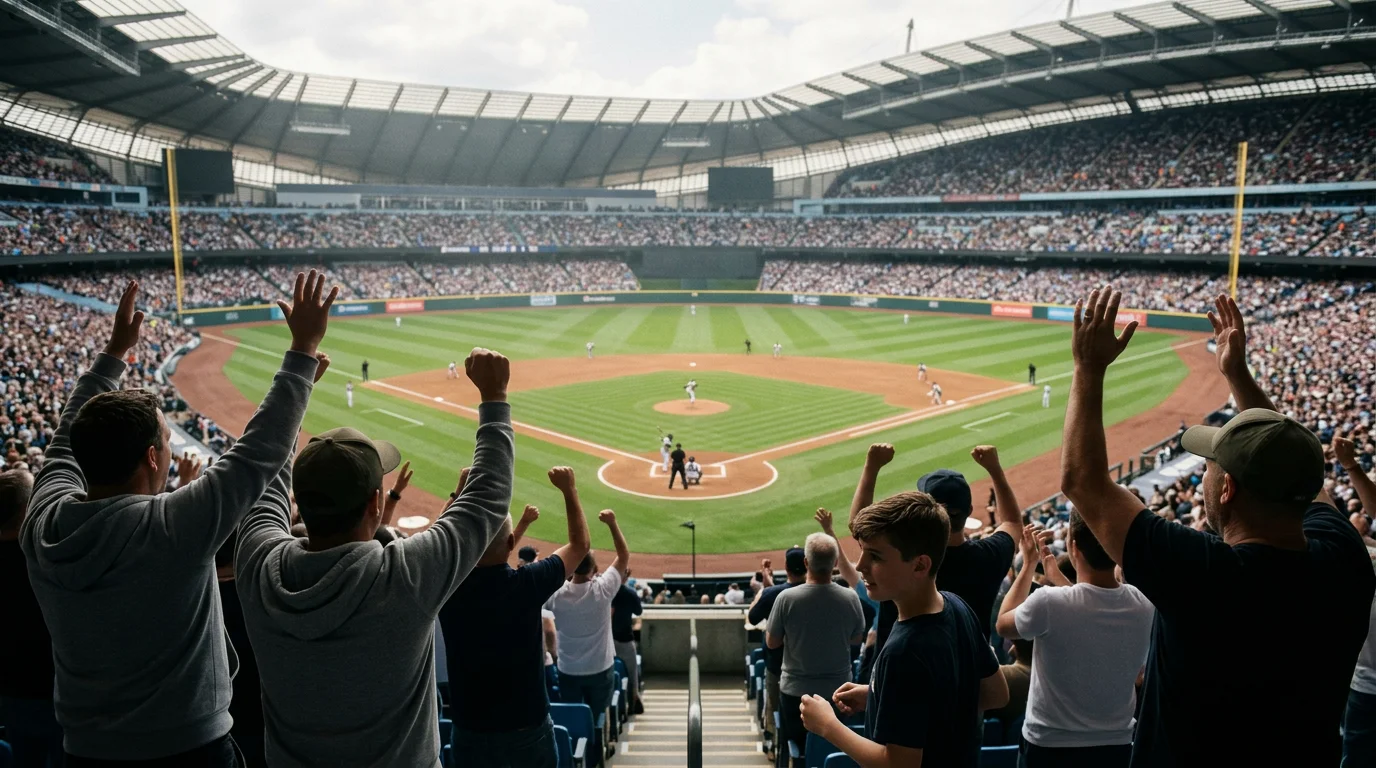 British baseball fans cheering at London Stadium during an MLB London Series weekend