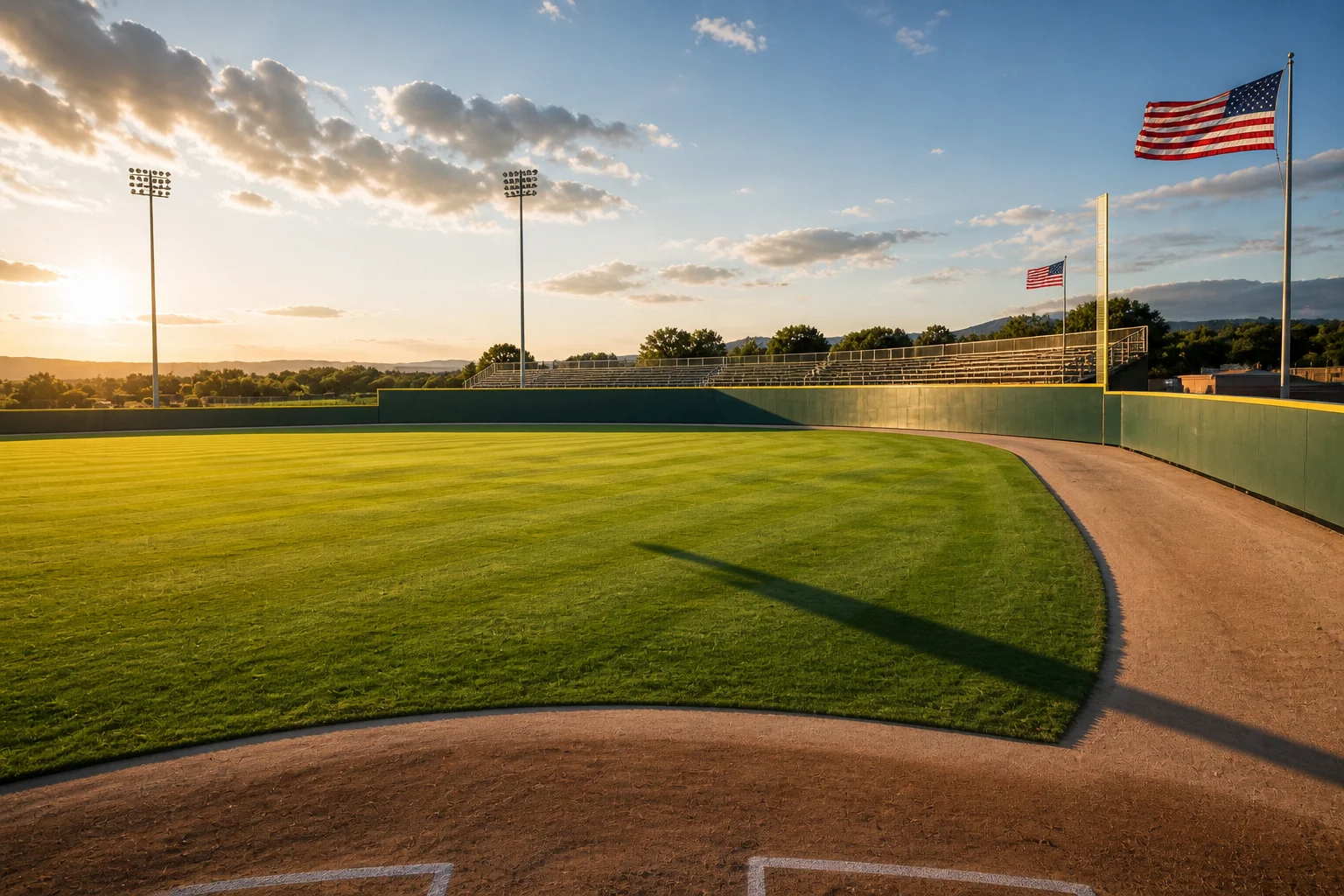 MLB ballpark outfield from behind home plate showing flag direction in the wind and the right-field fence