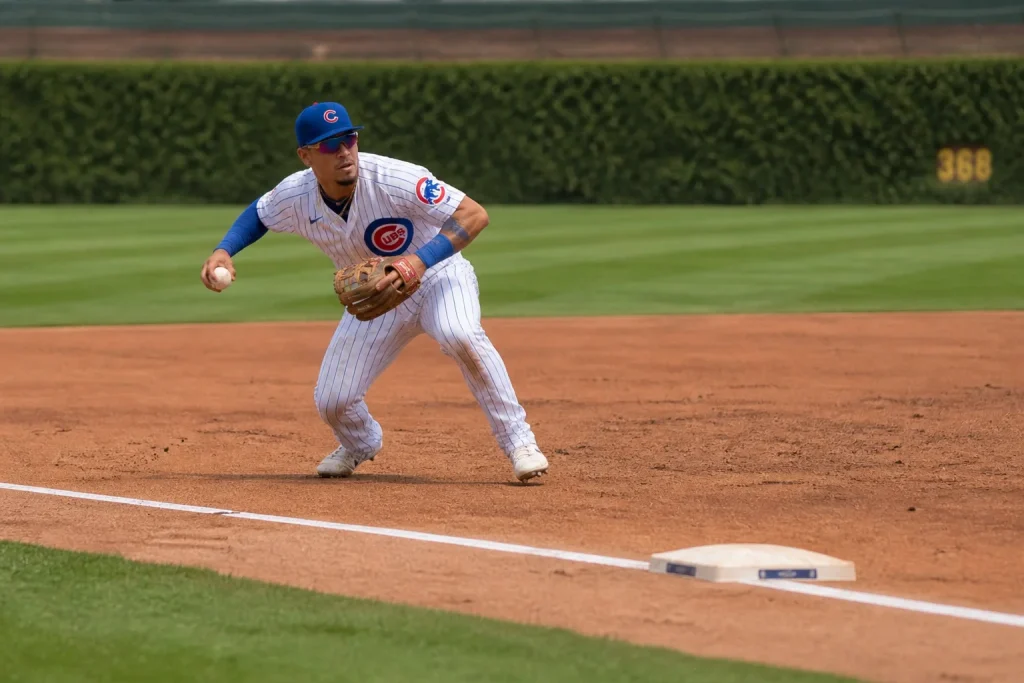 MLB infielder fielding a ground ball at shortstop and setting up to throw across the diamond