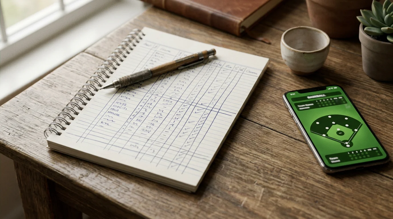 An open notebook with handwritten betting records and a smartphone showing an MLB scoreboard on a wooden desk