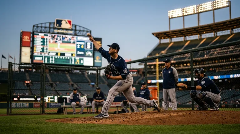 Relief pitcher warming up in the bullpen with the stadium scoreboard visible behind