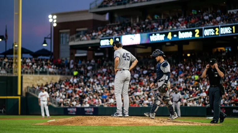 Pitcher reacting on the mound after surrendering a run with the catcher walking out for a brief conference