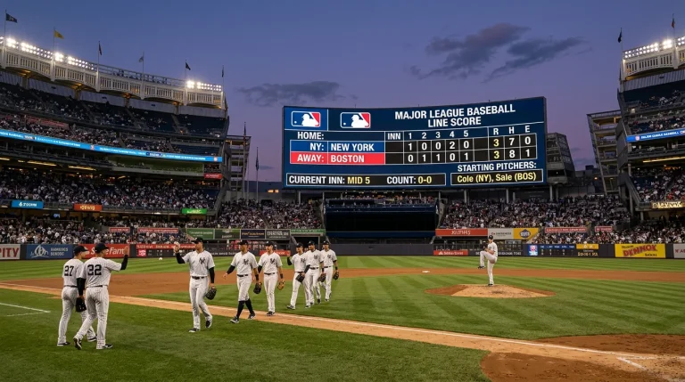 MLB scoreboard showing line score through five innings with a starter on the mound