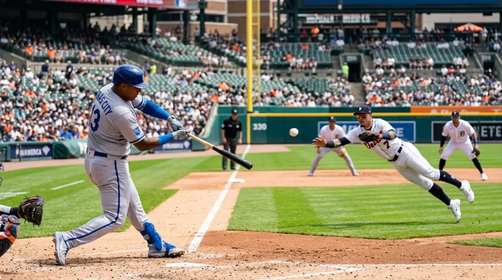 MLB batter making solid contact with the ball flying past the diving shortstop into shallow left field