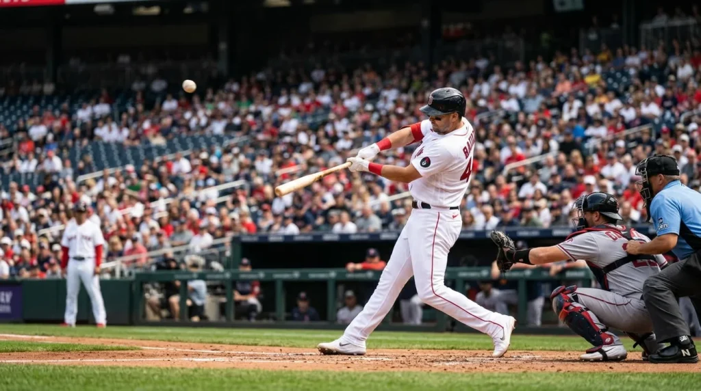 MLB batter swinging through a high fastball with the ball tracking over the centre-field fence