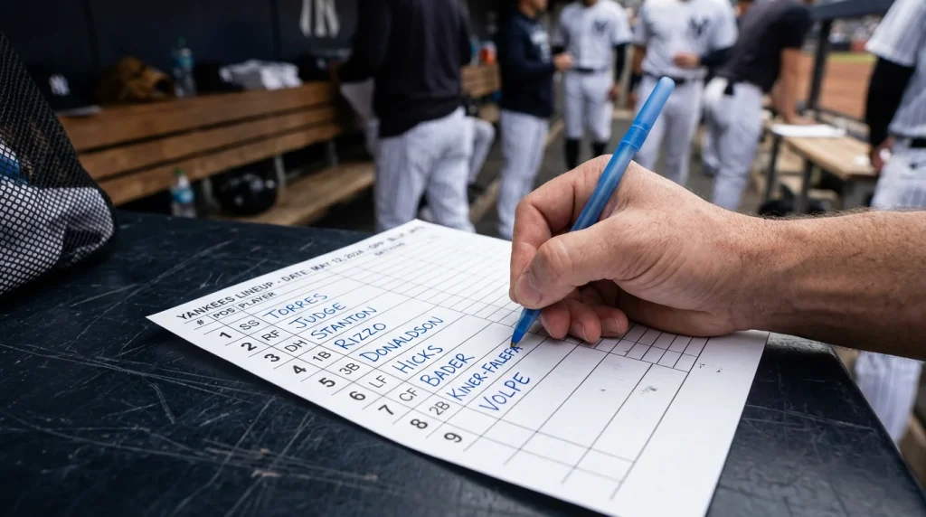 Hand writing names onto a baseball dugout lineup card with batting positions