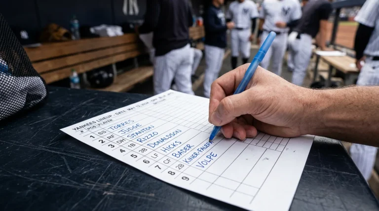 Hand writing names onto a baseball dugout lineup card with batting positions