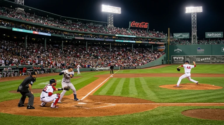 MLB game in progress at night with the centre-field camera framing the pitcher mid-delivery and the batter set in the box