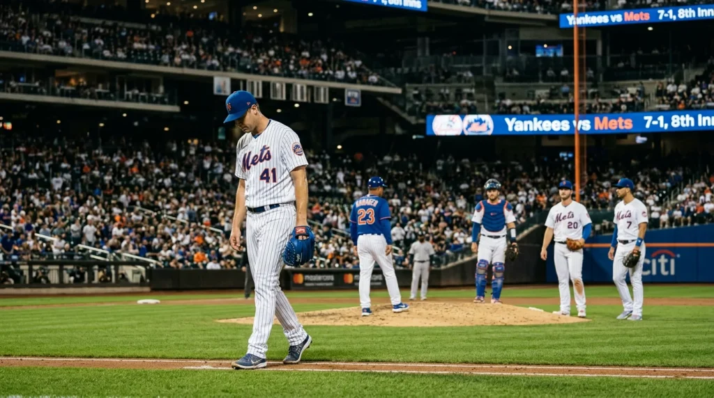MLB pitcher walking off the mound with his head down after being removed from the game by the manager