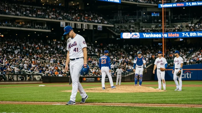 MLB pitcher walking off the mound with his head down after being removed from the game by the manager