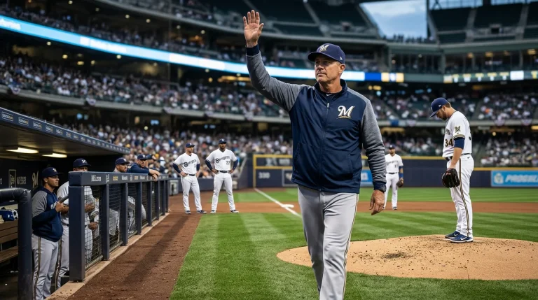 Manager walking to the mound to remove the starting pitcher in the sixth inning of an MLB game