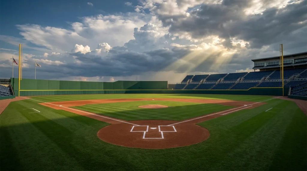 Empty MLB ballpark seen from behind home plate with dramatic late-afternoon clouds rolling over the outfield wall