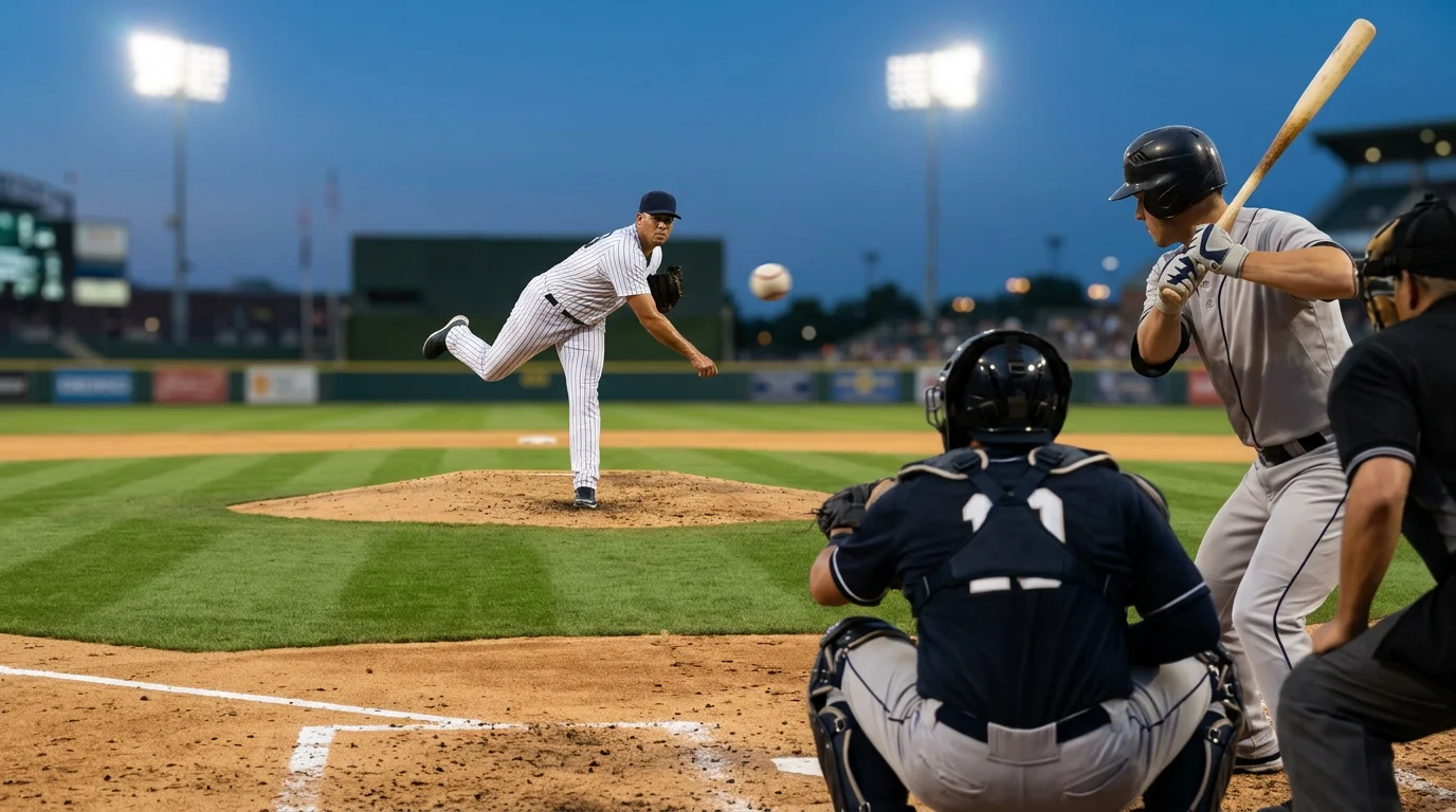 MLB starting pitcher releasing a fastball toward a batter at home plate under stadium floodlights