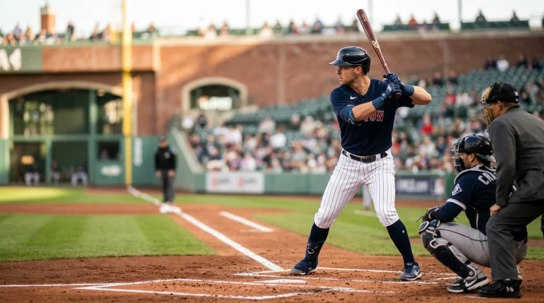 MLB batter in a navy uniform standing in the right-handed batter's box, bat raised, catcher and umpire blurred behind