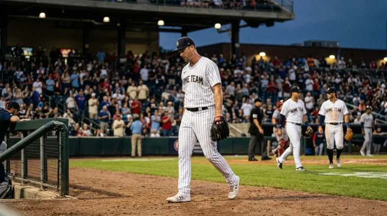 MLB pitcher walking off the mound after the third out at the end of an inning with the home crowd in the stands behind