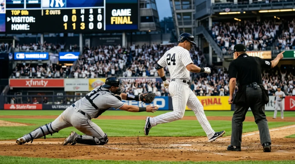 MLB scoreboard showing a final score with a one-run margin and a runner crossing home plate