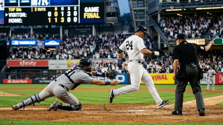 MLB scoreboard showing a final score with a one-run margin and a runner crossing home plate