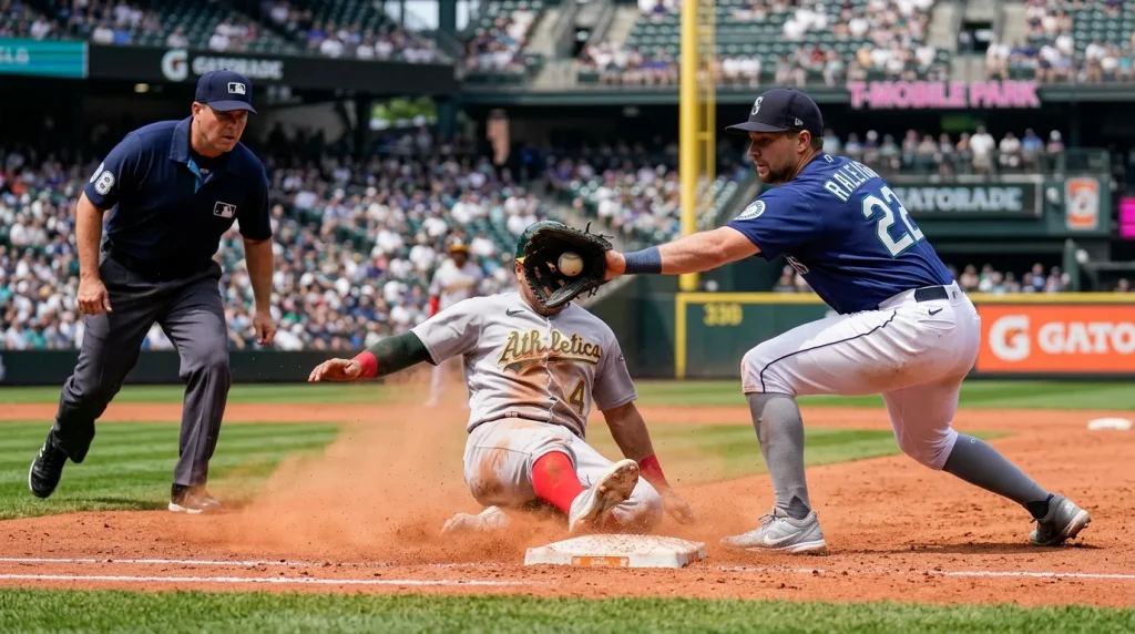 Base runner sliding hard into second base ahead of the throw as the second baseman applies a late tag