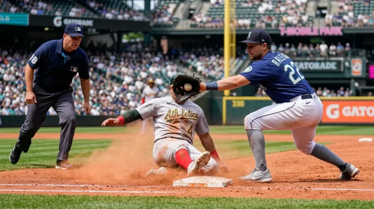 Base runner sliding hard into second base ahead of the throw as the second baseman applies a late tag