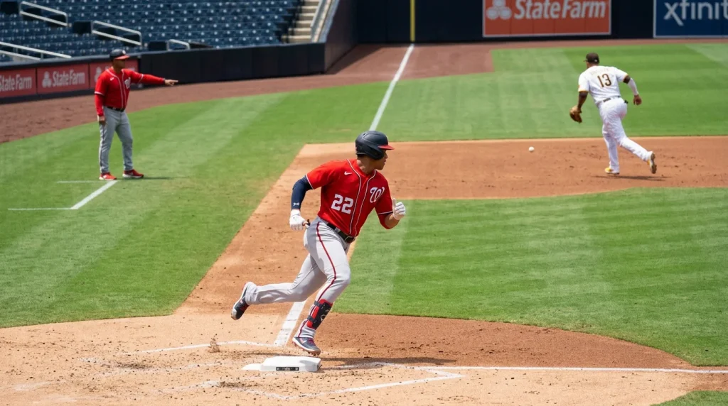 MLB batter rounding first base after a deep gap-shot double with the outfielder chasing the ball