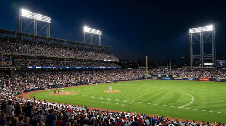 MLB stadium illuminated under bright floodlights against a dark night sky during a late-evening game