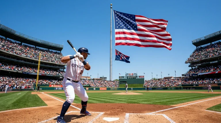 Flag flapping in strong wind above an MLB outfield with a hitter at the plate behind it