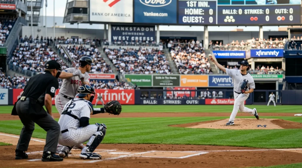Pitcher delivering the first pitch of an MLB game with the scoreboard showing a clean opening frame