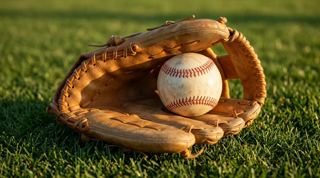 Worn baseball and leather mitt resting on outfield grass under late-afternoon sun