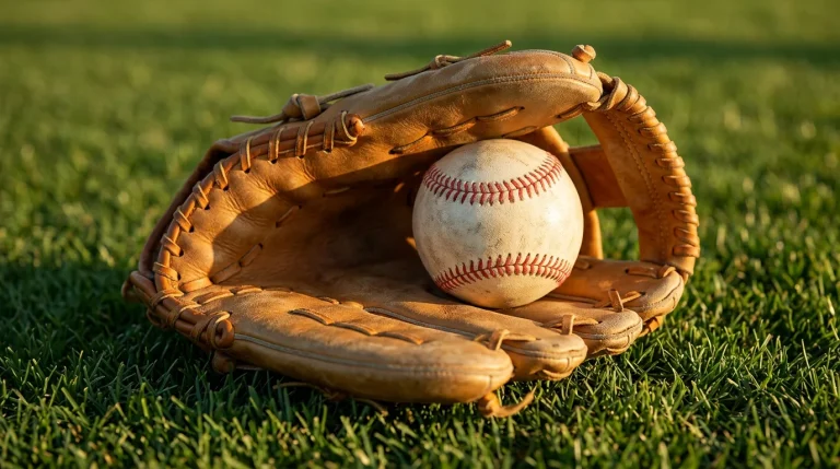 Worn baseball and leather mitt resting on outfield grass under late-afternoon sun