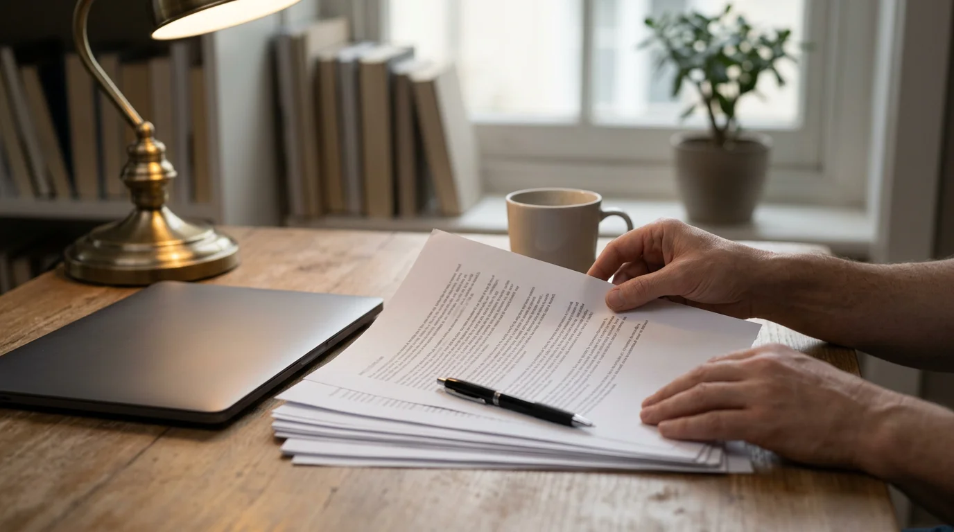 A person reviewing a UK gambling compliance document under a desk lamp with a laptop and printed pages