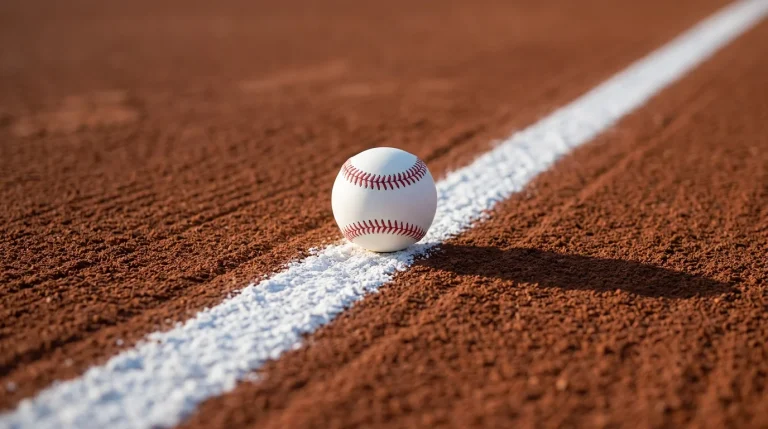 Crisp white chalk foul line stretching across red infield dirt with a baseball resting on the line