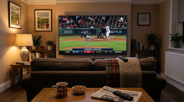UK living room television displaying an MLB broadcast with second-screen prop tracking on a tablet