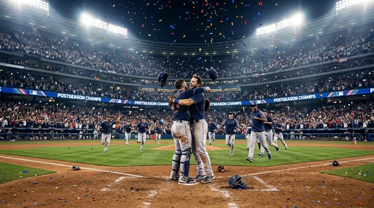 World Series trophy displayed on a stadium podium under postseason floodlights at an MLB ballpark